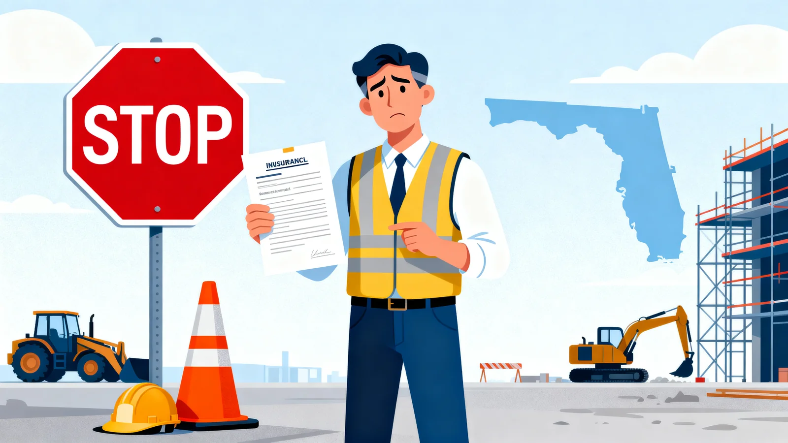 Contractor on a construction site next to a stop sign, representing a Florida stop work order